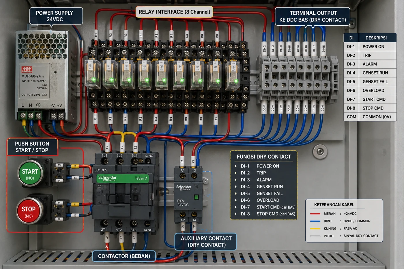 Close up pengkabelan dry contact dengan relay contactor dan terminal panel