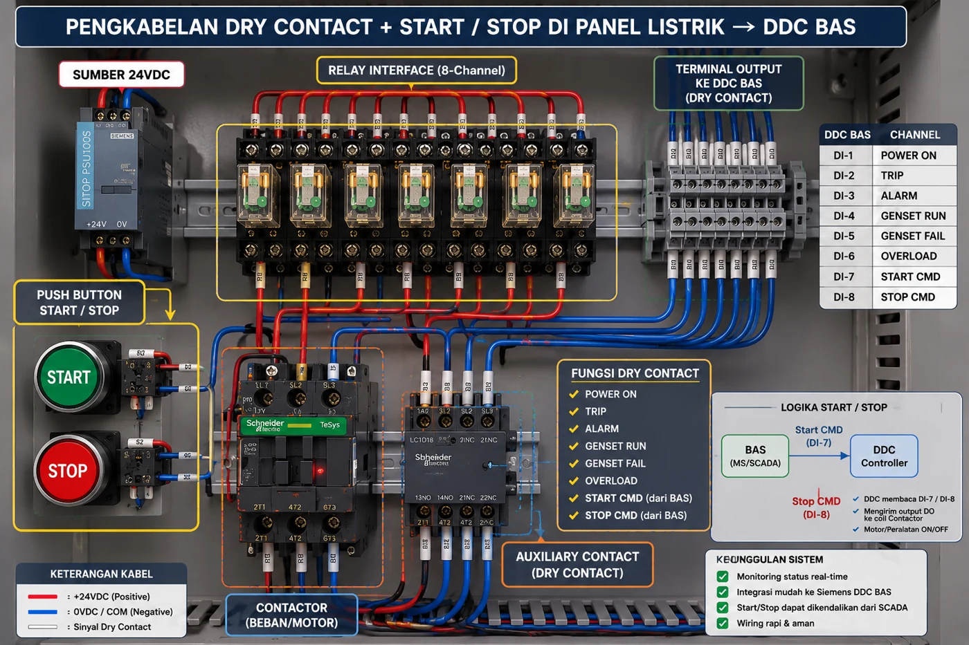 Visualisasi dry contact start stop pada panel listrik ke DDC BAS