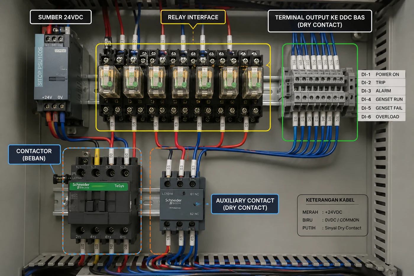 Foto pengkabelan dry contact pada panel listrik dengan relay contactor dan terminal
